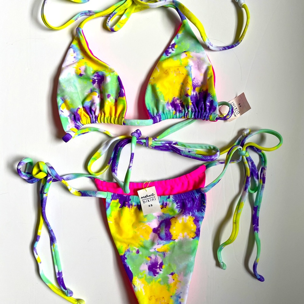 moana bikini Neon Yellow Pink Purple Tie-Dye Triangle String Bikini